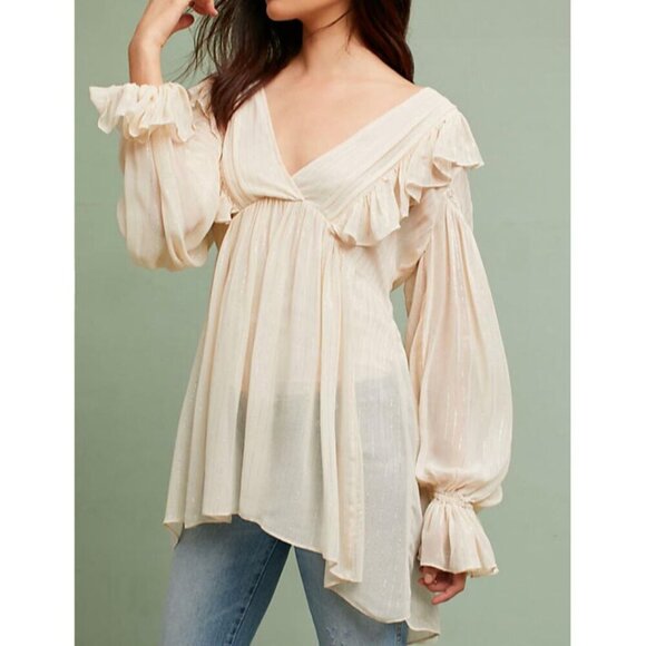 Anthropologie Ruffle Tunic Top Womens Ivory VNeck Long Sleeve Fairycore Metallic - Picture 1 of 12